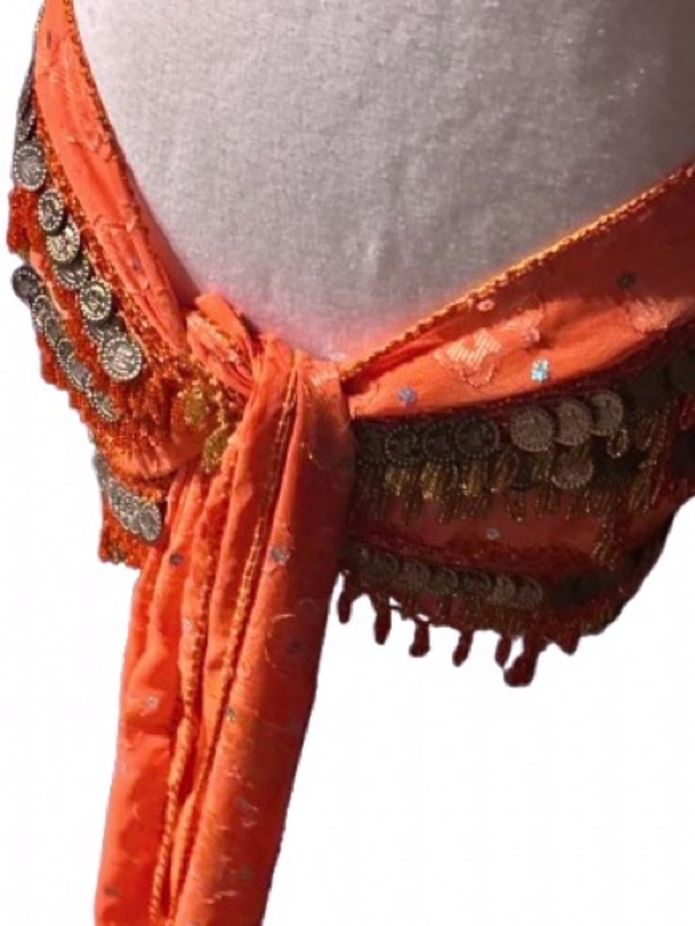 Vintage Belly Dancing Scarf Beaded Coins Floral Orange Red Fringe Shawl - Picture 12 of 12